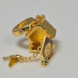 Golden Cuckoo Clock Charm Pendant Openable Swiss Inspired Enamel Bracelet Charm
